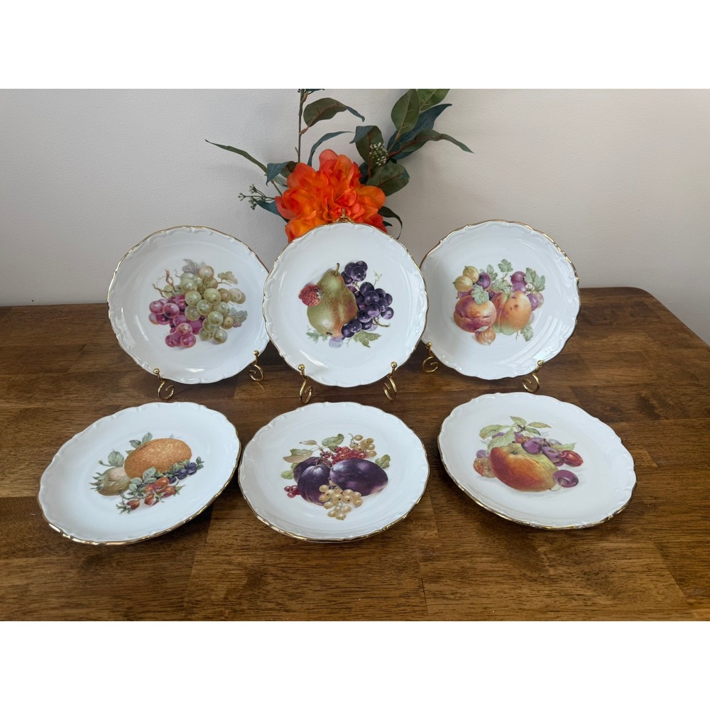 Vintage Schumann Bavaria Fruit Porcelain‎ Plates Gold Rim Arzberg Germany Set 6